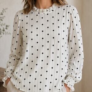 Carolina Belle Blouse Large White Black Dots Chiffon Balloon Sleeves
